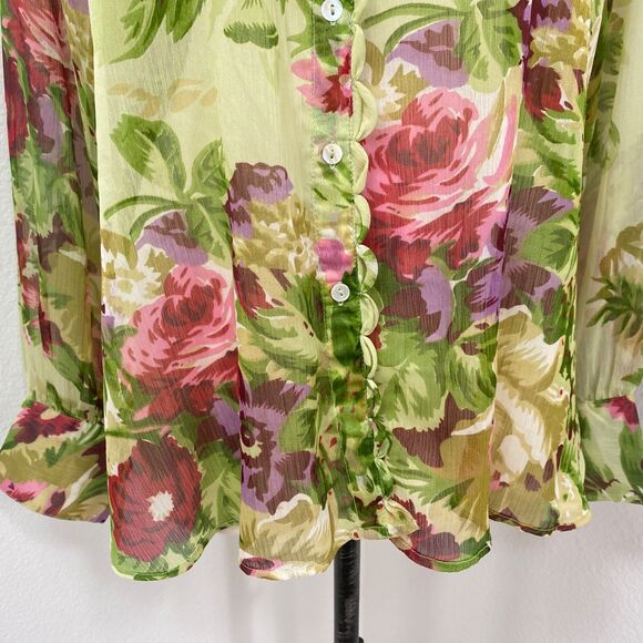 Soft Surrounding Chartreuse Floral Blouse XL Button Front Long Sleeves V-Neck - Picture 6 of 13